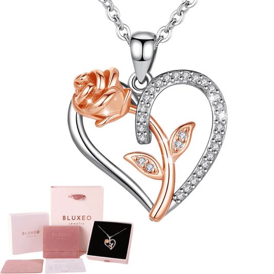 Sterling Silver Necklace for Women Mom Gift for Wife from Husband Valentines Day Girlfriend Rose Heart Necklace for Girlfriend Birthday Gifts Mother Daughter Pendant