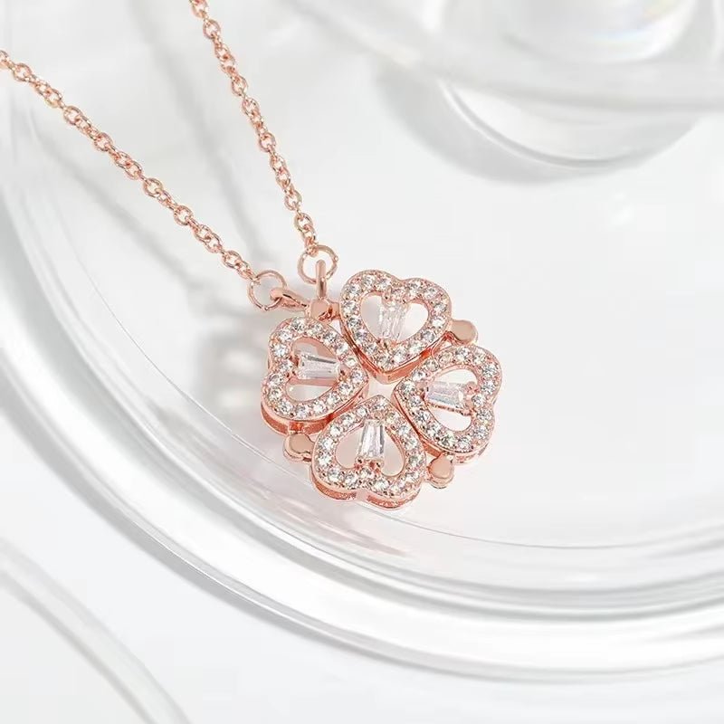 LovaCharm™ 4-in-1 Magnetic Heart & Clover Necklace – Love, Luck, and a Touch of Magic